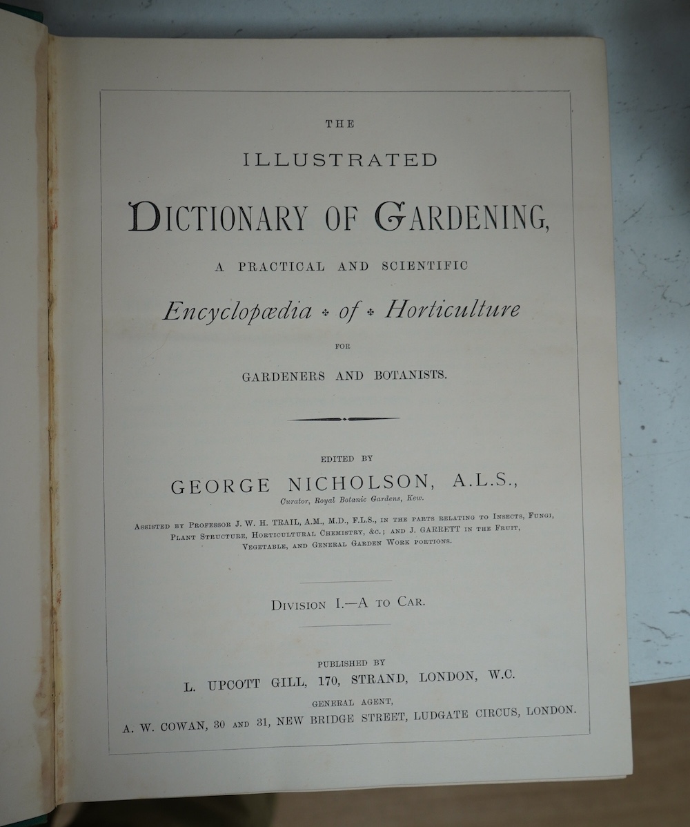 Nicholson, George (editor) - The Illustrated Dictionary of Gardening, 8 vols, 4to, green pictorial boards, c.1885. Condition - poor/fair